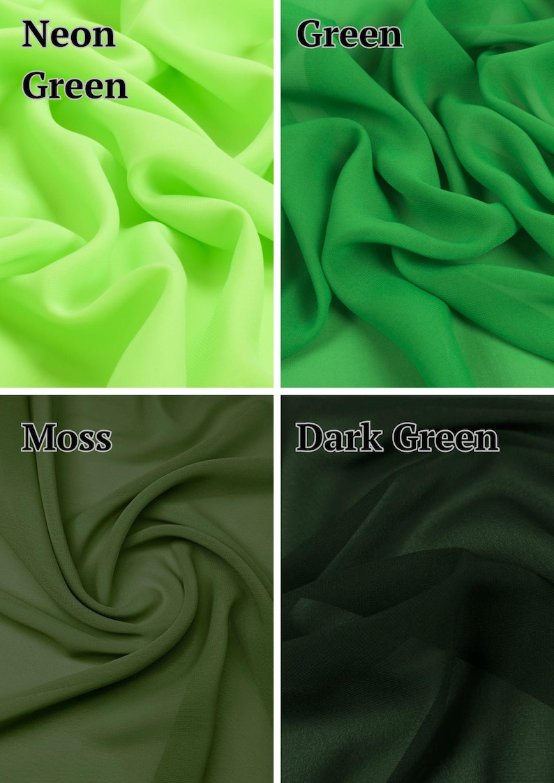 May include: A four-panel grid displaying swatches of sheer fabric in various shades of green. The top left is labelled Neon Green, the top right is Green, the bottom left is labelled Moss, and the bottom right is labelled Dark Green.