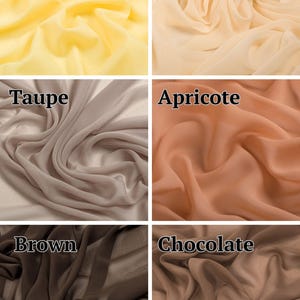 May include: A grid of six fabric swatches in various colours, each labelled with text. The colours include custard yellow, beige, taupe, apricot, brown, and chocolate. Each section displays a soft, draped, semi-sheer textile with visible folds.