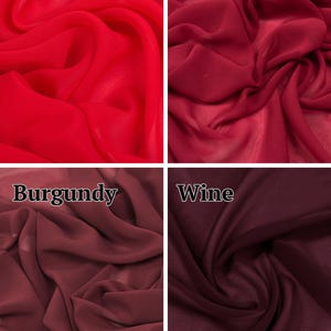 May include: A four-panel grid showing sheer fabric in four distinct shades of red. The top left is labeled Red, the top right is Dark Red, the bottom left is Burgundy, and the bottom right is Wine. Each section displays the fabric with soft folds.