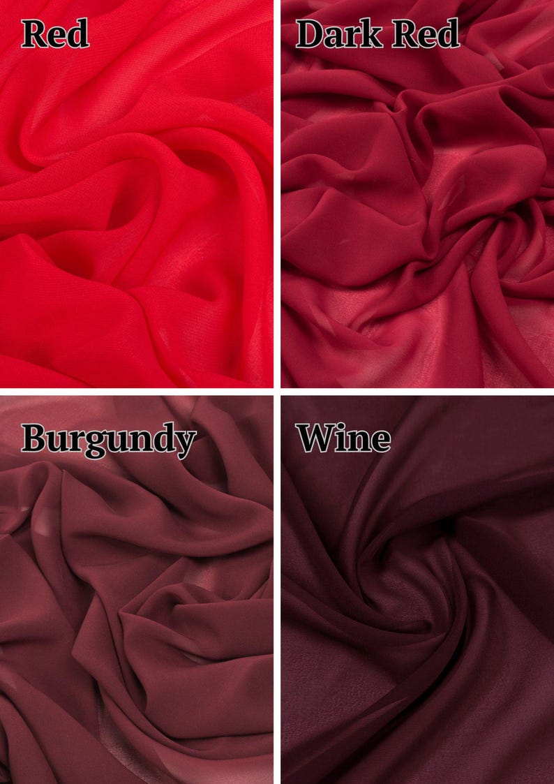 May include: A four-panel grid showing sheer fabric in four distinct shades of red. The top left is labelled Red, the top right is Dark Red, the bottom left is Burgundy, and the bottom right is Wine. Each section displays the fabric with soft folds.
