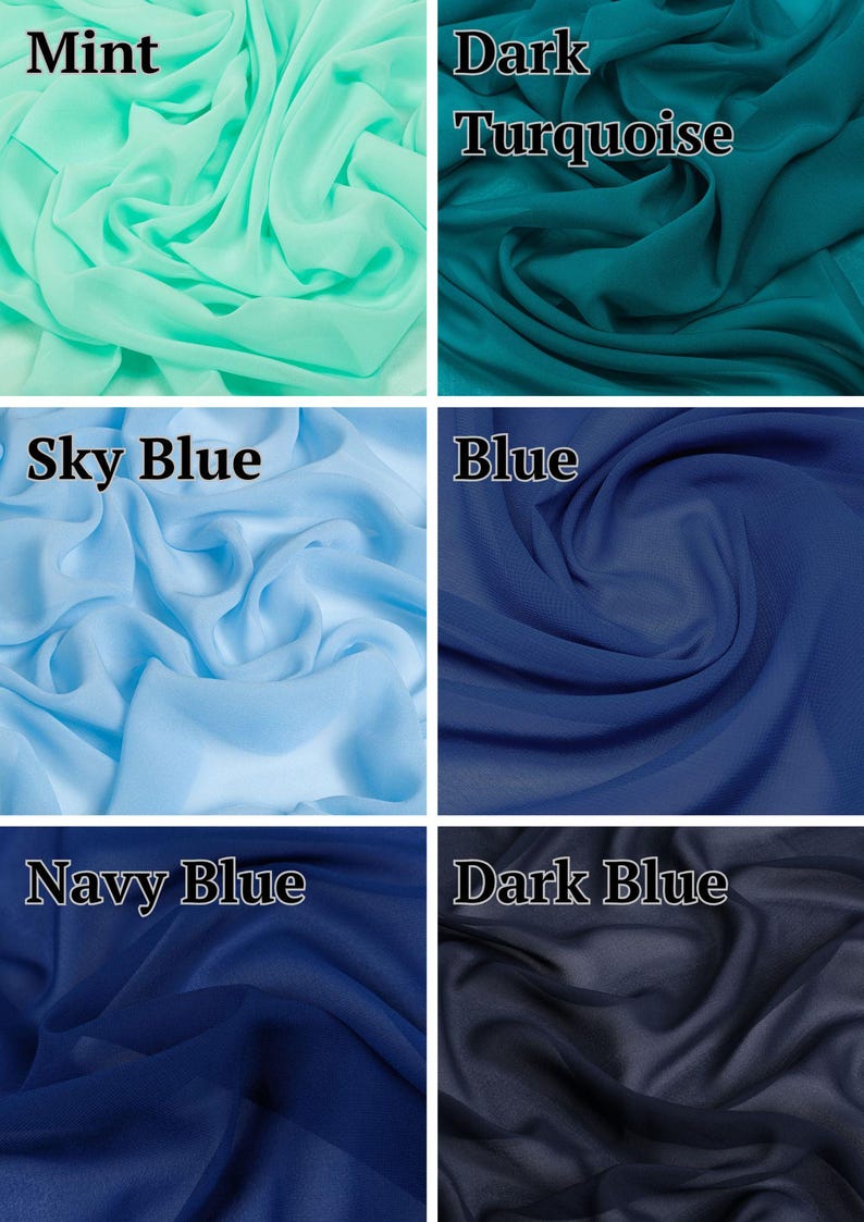 May include: A grid of six fabric swatches in various shades of blue and green. The colours are labelled Mint, Dark Turquoise, Sky Blue, Blue, Navy Blue, and Dark Blue. Each section displays a sheer, lightweight textile with soft, flowing folds.