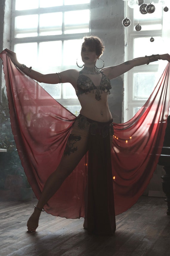 Dark Red Custom Chiffon Belly Dance Skirt - Circle Cut with Double Slits