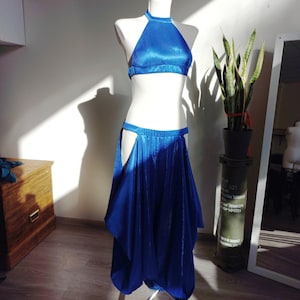 Electric blue tribal fusion costume with halter top and harem pants