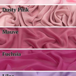 May include: A vertical collage of five fabric swatches in varying shades of pink and purple. The colours are labelled as Baby Pink, Dusty Pink, Mauve, Fuchsia, and Lilac. Each section displays a soft, draped textile with a smooth, matte finish.