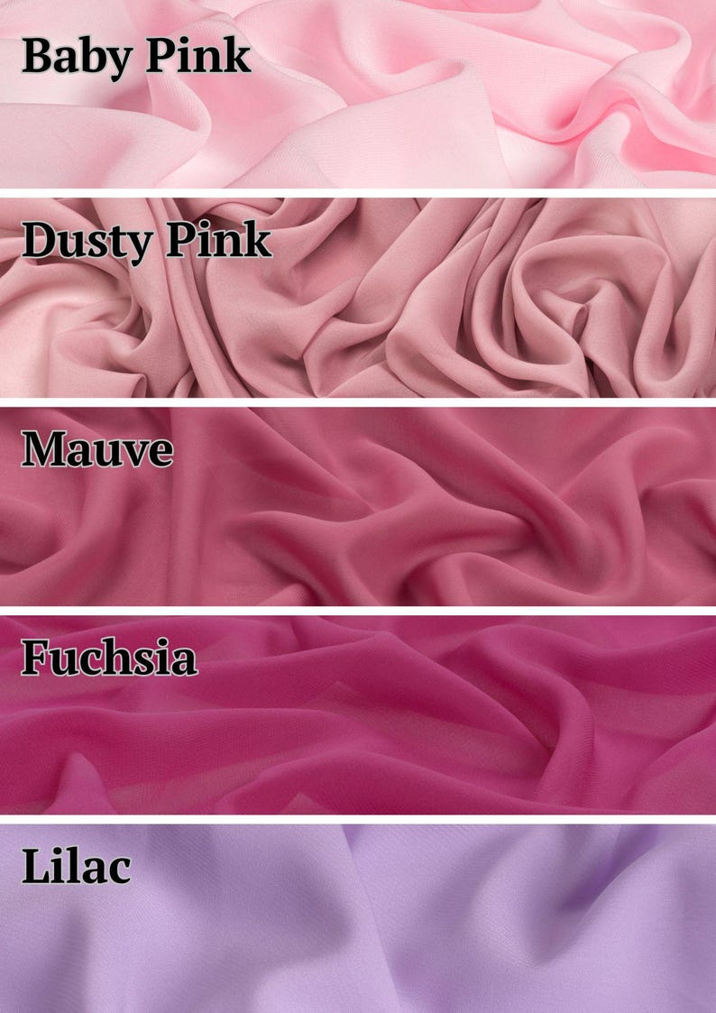 May include: A vertical collage of five fabric swatches in varying shades of pink and purple. The colours are labelled as Baby Pink, Dusty Pink, Mauve, Fuchsia, and Lilac. Each section displays a soft, draped textile with a smooth, matte finish.
