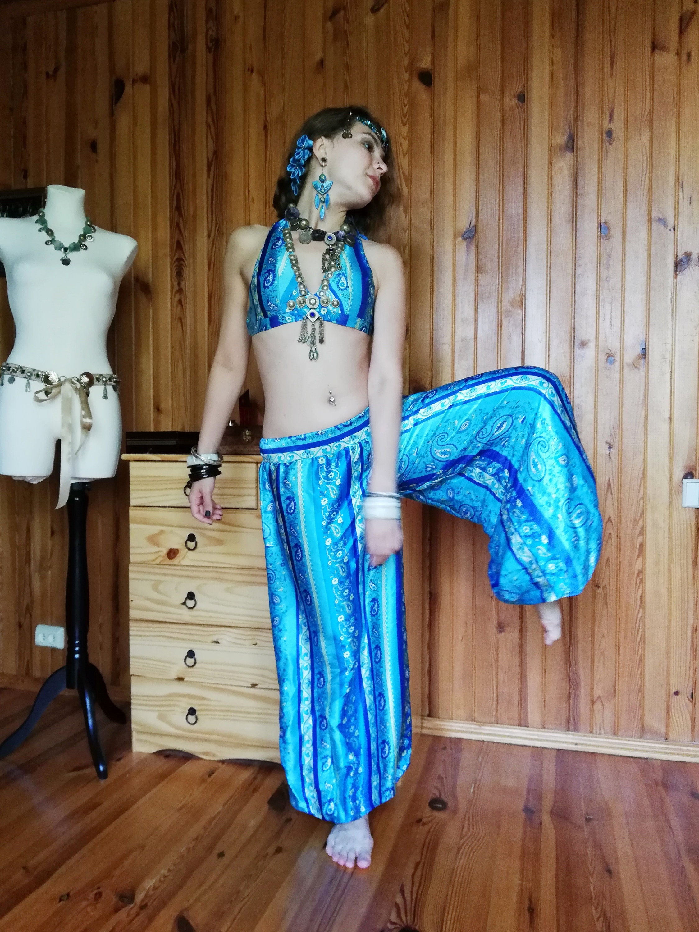 Women's Belly Dance Coins Lantern Pants Arabic Halloween Harem Pants Bloomers