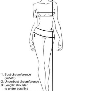 May include: A black and white line drawing of a human figure showing body measurement points. Labels include 1. Bust circumference (widest), 2. Underbust circumference, 3. Length: shoulder to under bust line, 4. Upper hips circumference, 5. Hips circumference (widest), 6. Belt floor length.