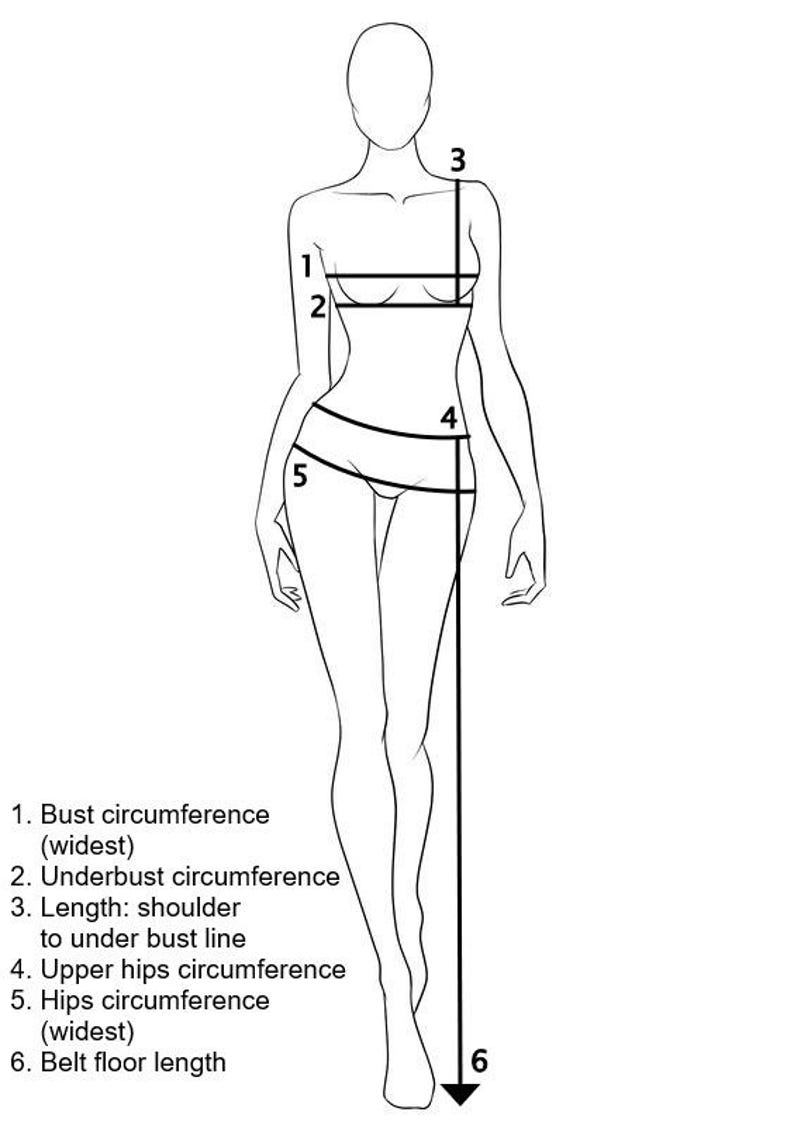 May include: A black and white line drawing of a human figure showing body measurement points. Labels include 1. Bust circumference (widest), 2. Underbust circumference, 3. Length: shoulder to under bust line, 4. Upper hips circumference, 5. Hips circumference (widest), 6. Belt floor length.