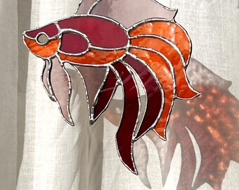Betta fish stained glass  suncatcher- Orange and red