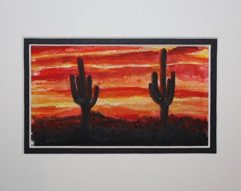 Artist Original Signed Small Matted Watercolor Southwest Desert Cactus Sunset Artwork “Saguaro Sunset #2” by Misha Ambrosia