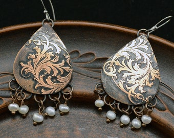 Copper and pearl etched earrings, floral earrings, statement earrings, copper jewelry, Victorian earrings, romantic earrings, white pearl