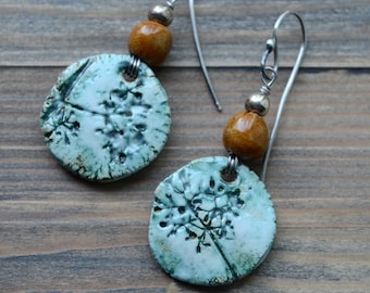 Floral earrings, artisan earrings, botanical earrings, ceramic jewelry, sterling earrings, ceramics, ooak earrings, dangle earrings,