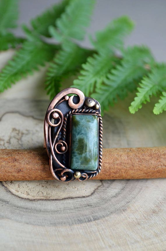 Wire Wrapped Copper Ring, Green Ocean Jasper, Art Nouveau Jewelry
