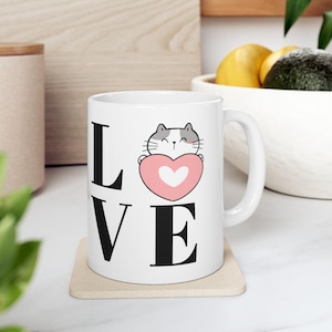 Cat Love Ceramic Mug: Kitty Heart Coffee Cup, Pet Lover Gift