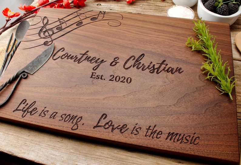 Music themed engraved cutting board for singers, musicians wedding, engagement 