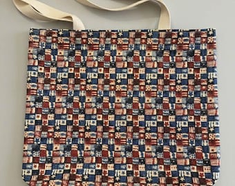 Red White and Blue Mini-Mosaic Cotton Tote Bag, Modern Geometric Star & Stripe Shoulder Tote, Handmade Summer Festive Market Tote