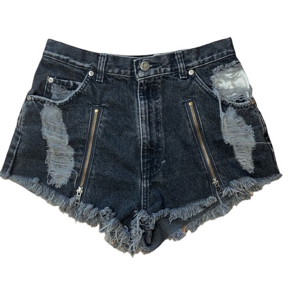 Furst of a Kind High Waisted Denim Shorts - Size 26 - Black Distressed with Front Thigh Zipper - Women’s Denim Shorts