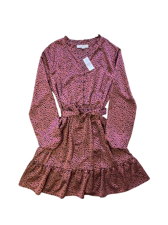 New With Tags Ann Taylor LOFT Wrap Dress SMALL Women s Formal Dress Rose Black Speckled Pattern with Ruffled Hem