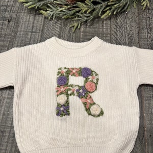 CUSTOM Knit Sweater with Hand Embroidered Flower Initial/ Monogram/ Letter, Baby Shower Gift, Baby Announcement, Custom Initial Sweater