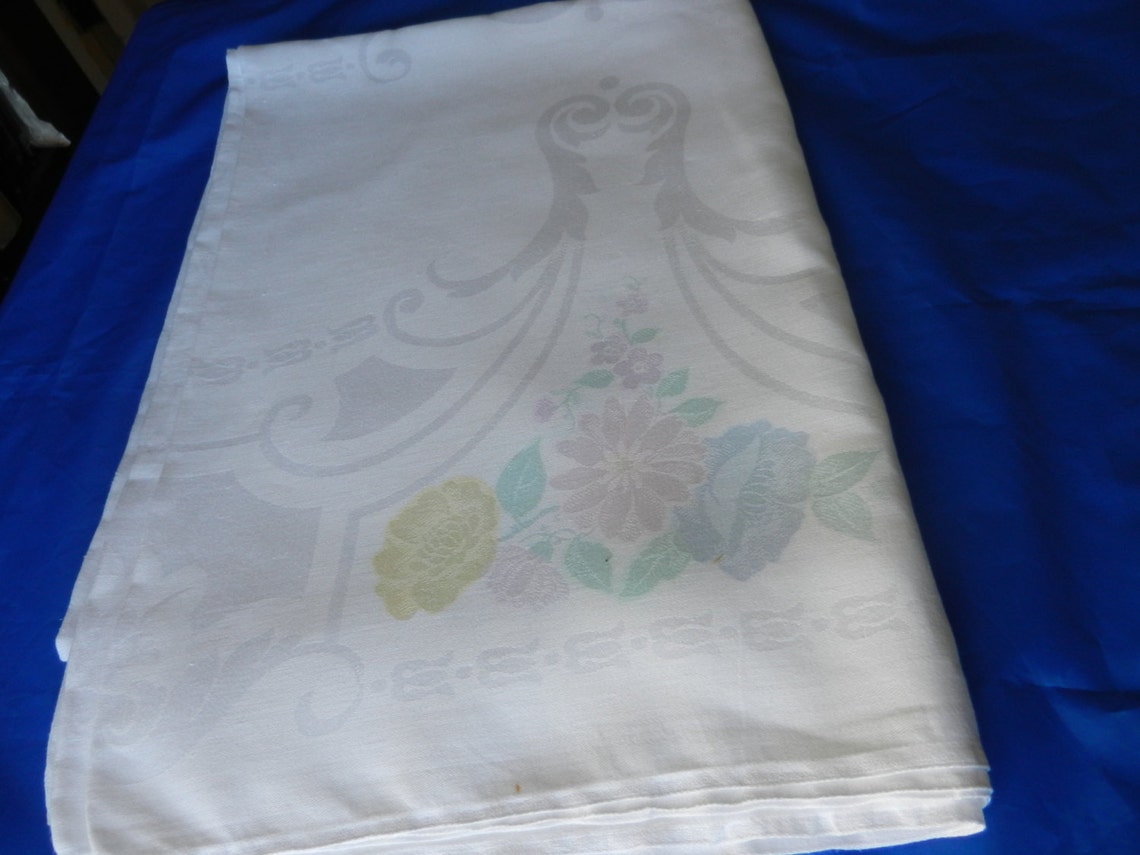Old Bleach Irish Linen Damask Tablecloth 1950s Large Etsy