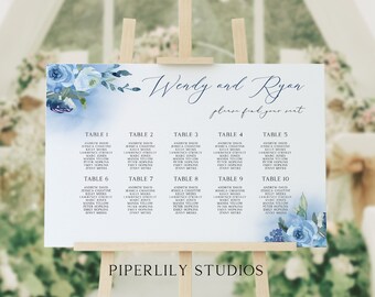 Wedding Seating Chart Template, Blue Floral Wedding Sign, Watercolor Blue Table Seating Plan, Printable, Editable, Instant Download PL107