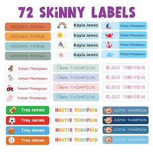 May include: A collection of 72 skinny labels featuring various names, colors, and icons. The labels display text such as Keegan Frank, Kayla Jones, Trevor Thompson, Claire Thompson, Hunter Thompson, Trey James, and Justin Thompson with graphic motifs.