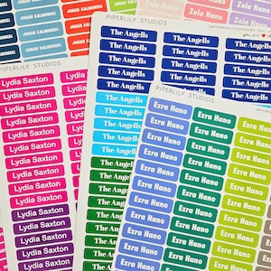 May include: Sheets of personalized name labels in various colors, including pink, blue, green, and purple. The labels feature names like "Lydia Saxton," "The Angells," and "Ezra Hano" in white text. The labels are rectangular and designed for various uses.