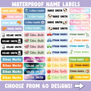 May include: A collection of rectangular waterproof name labels featuring various colors, patterns, and illustrations including animals, fruits, vehicles, and nature themes. Each label displays a personalized name in different fonts and styles.