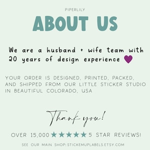 May include: A light green background with the text "PIPERLILY" at the top. The words "ABOUT US" are in large teal letters. The text describes a husband and wife team with 20 years of design experience.