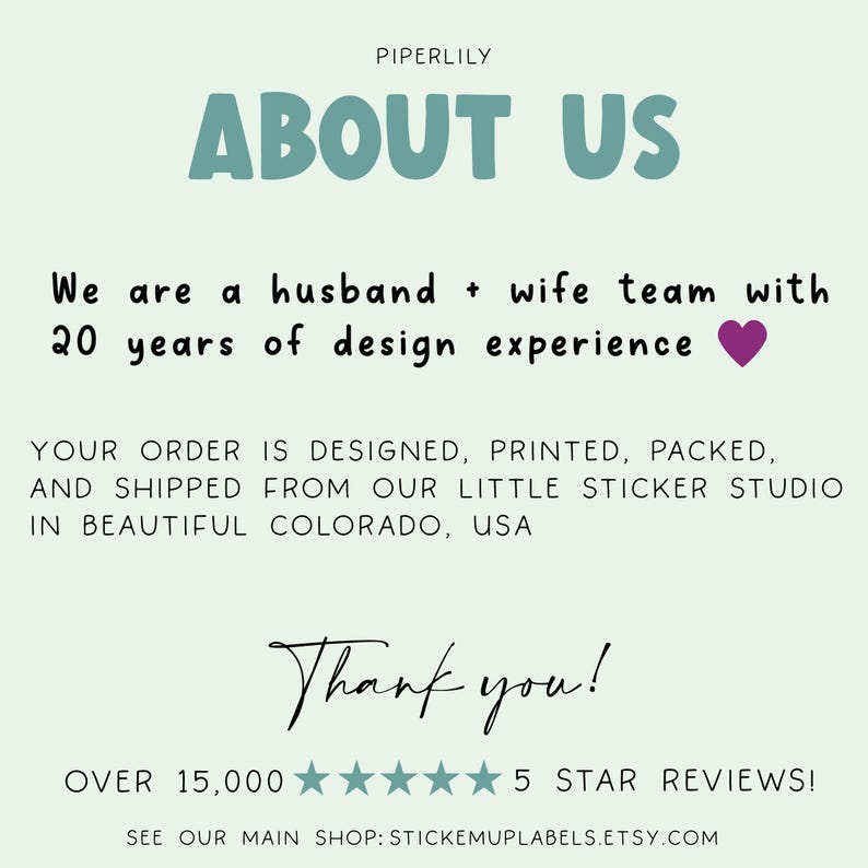 May include: A light green background with the text "PIPERLILY" at the top. The words "ABOUT US" are in large teal letters. The text describes a husband and wife team with 20 years of design experience.