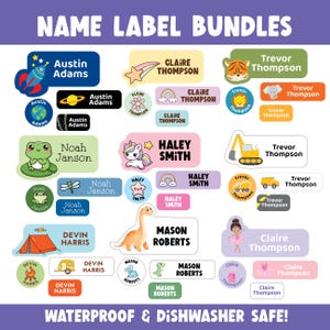 May include: A collection of colorful name label bundles with various designs, including rockets, planets, rainbows, unicorns, and dinosaurs. Each label features a name, with the text "NAME LABEL BUNDLES" at the top and "WATERPROOF & DISHWASHER SAFE!" at the bottom.
