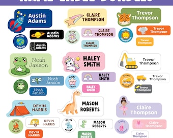 May include: A collection of colorful name label bundles with various designs, including rockets, planets, rainbows, unicorns, and dinosaurs. Each label features a name, with the text "NAME LABEL BUNDLES" at the top and "WATERPROOF & DISHWASHER SAFE!" at the bottom.