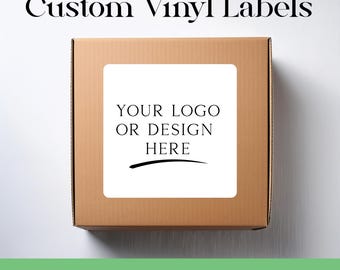 May include: A brown cardboard box with a white label that reads "YOUR LOGO OR DESIGN HERE." The text "Custom Vinyl Labels" is at the top. The bottom of the image has the text "HIGH QUALITY • WATERPROOF • DURABLE."