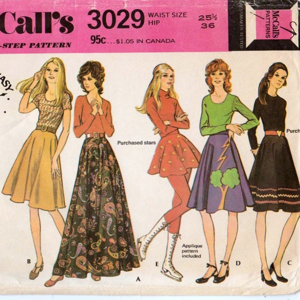 Circle Skirt Pattern Maxi Skirt Pattern Skate Skirt Pattern Vintage Skirt Pattern McCALLS 3029 UNCUT wiast 25.5 Retro Skirt with Appliques