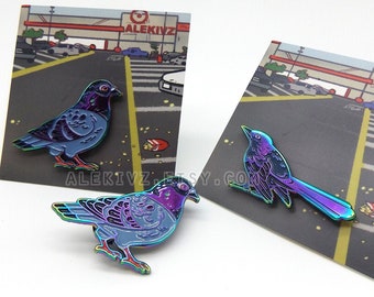 PIGEON & GRACKLE . Parking Lot Birds . Rainbow Pin