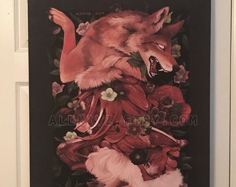 Red Coyote Wall Scroll . Wall Art .