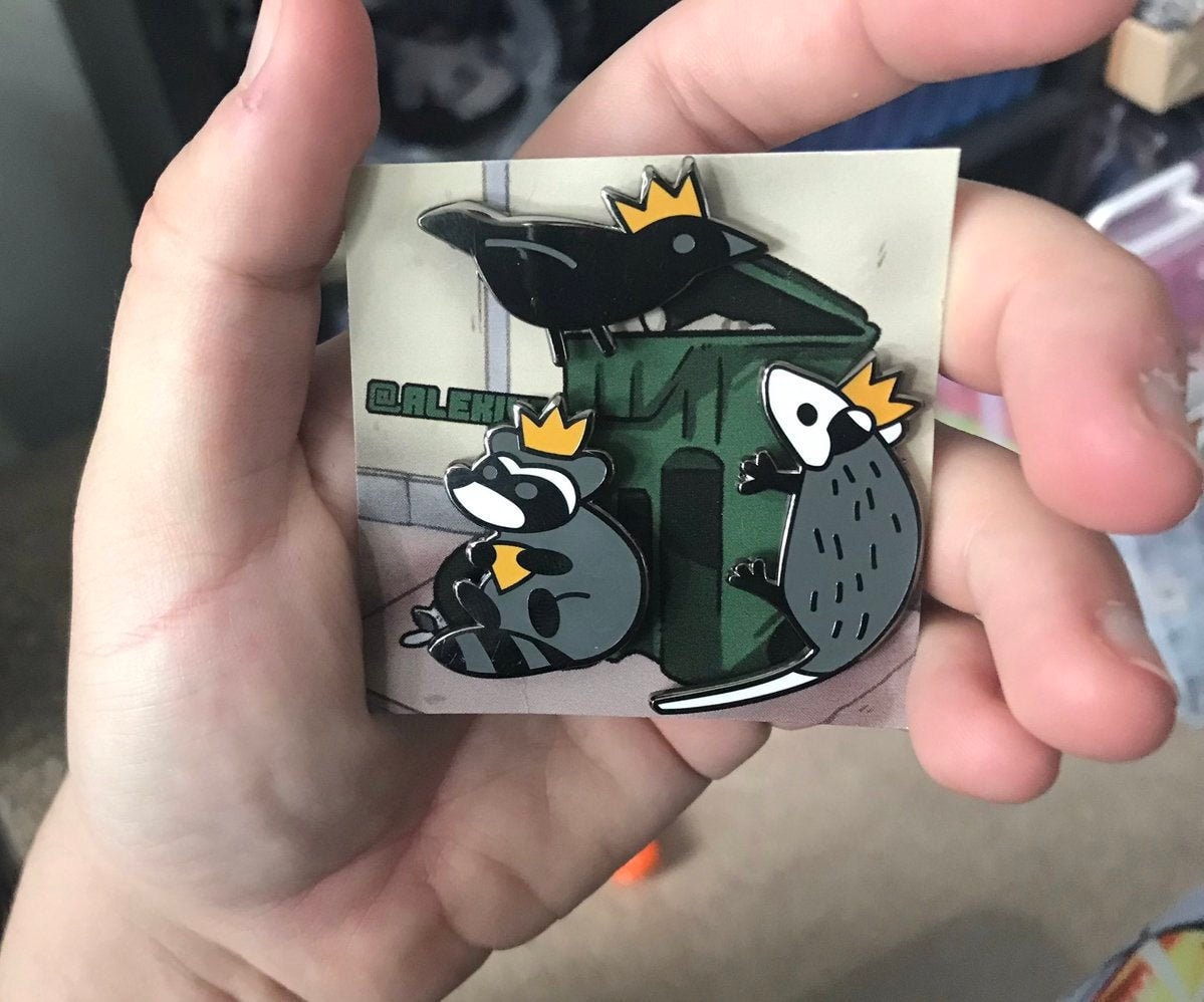 Trash King Pin Set . Raccoon . Opossum . Crow