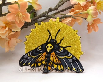 DEATH RISING . Death Head Hawk Moth . Sun . Embroidered Iron On Patch