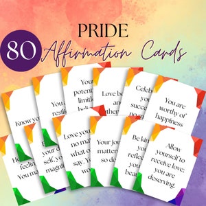 May include: A set of 80 affirmation cards with a rainbow background. The cards are white with colorful geometric shapes in the corners. The text on the cards is in black and includes phrases like "You are worthy of happiness" and "Love you no matter what you say."
