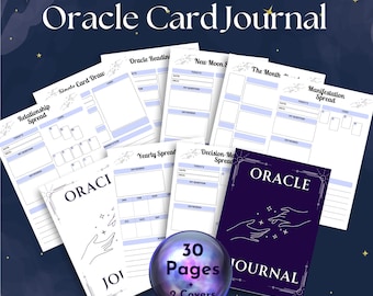 May include: A purple and white oracle card journal with 30 pages and 2 covers. The journal features a design of two hands reaching towards each other with stars and a crescent moon. The text "Oracle Journal" is printed on the front cover.