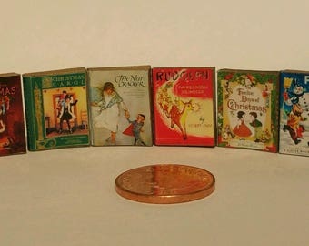 SET of 6 MINIATURE Christmas books with text- .Handmade new 1:12th Scale