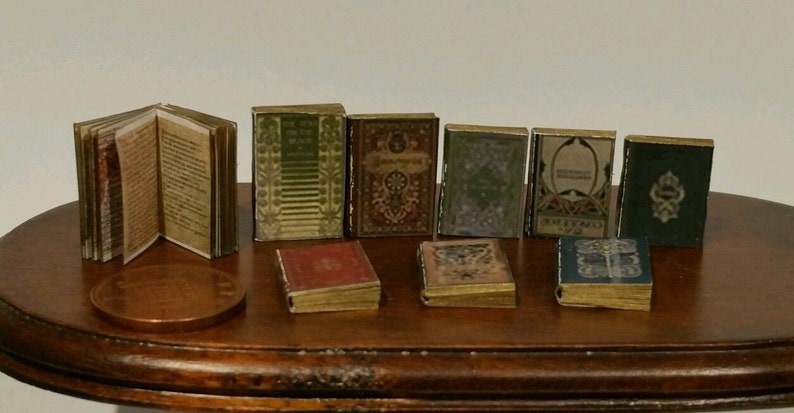 dolls house minature books, Tudor style job lot of 9 books with print 1:12th Scale image 1