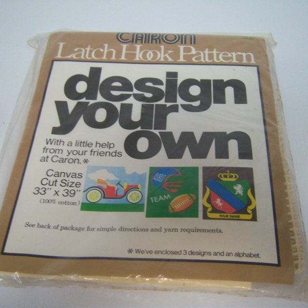 Vintage Caron, Latch Hook Pattern, Design Your Own, Canvas Cut Size 33" x 39", Three Designs Included, Instructions, Cotton Canvas