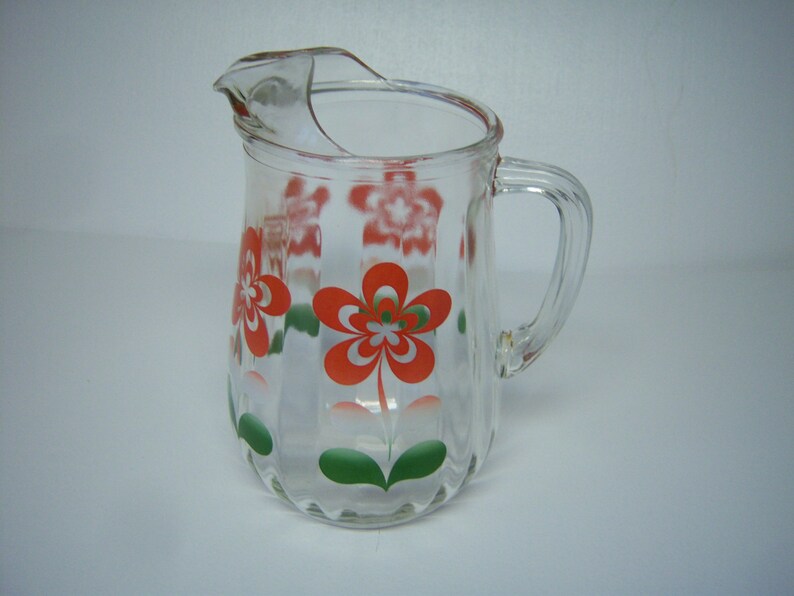 Vintage 1950's Glass Pitcher Clear With Red Flowers Hand Etsy