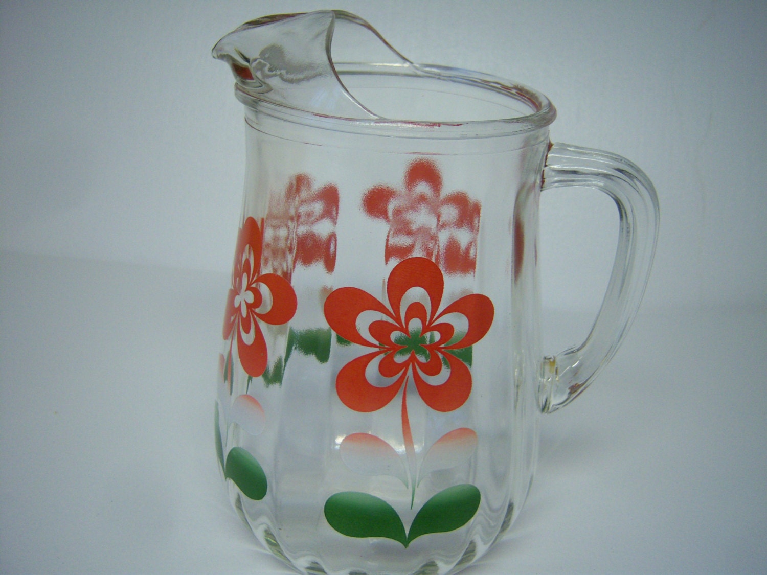 Vintage 1950's Glass Pitcher Clear With Red Flowers Hand Etsy