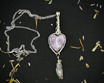 Lepidolite Heart + Clear Aura Quartz  Necklace / Lepidolite Necklace / Lepidolite Crystal / Crystal Jewelry / Crystal Healing