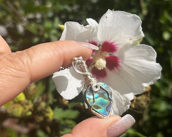 Abalone Shell Pendant Necklace, Ocean Jewelry, Mermaid Shell, Seashell Beach Necklace, Crystals, Gifts for Her, Wire Wrapped, Witchy