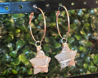 Beautiful Labradorite Star Carving Wire Wrapped Hoop Earrings, Fairycore, Cottagecore, Crystal Jewelry, Gemstone Necklace