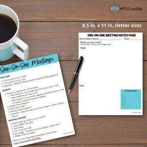 May include: A printable one-on-one meeting notes page template in letter size (8.5 inches by 11 inches). The template includes sections for "Direct Report Name", "Date", "Them", "You", and "To Share/Ask".