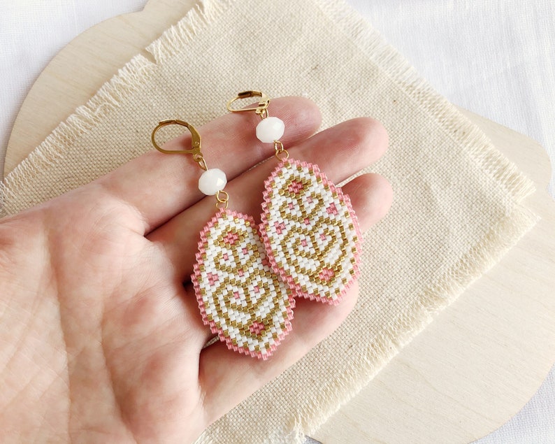 Pink white beaded earrings